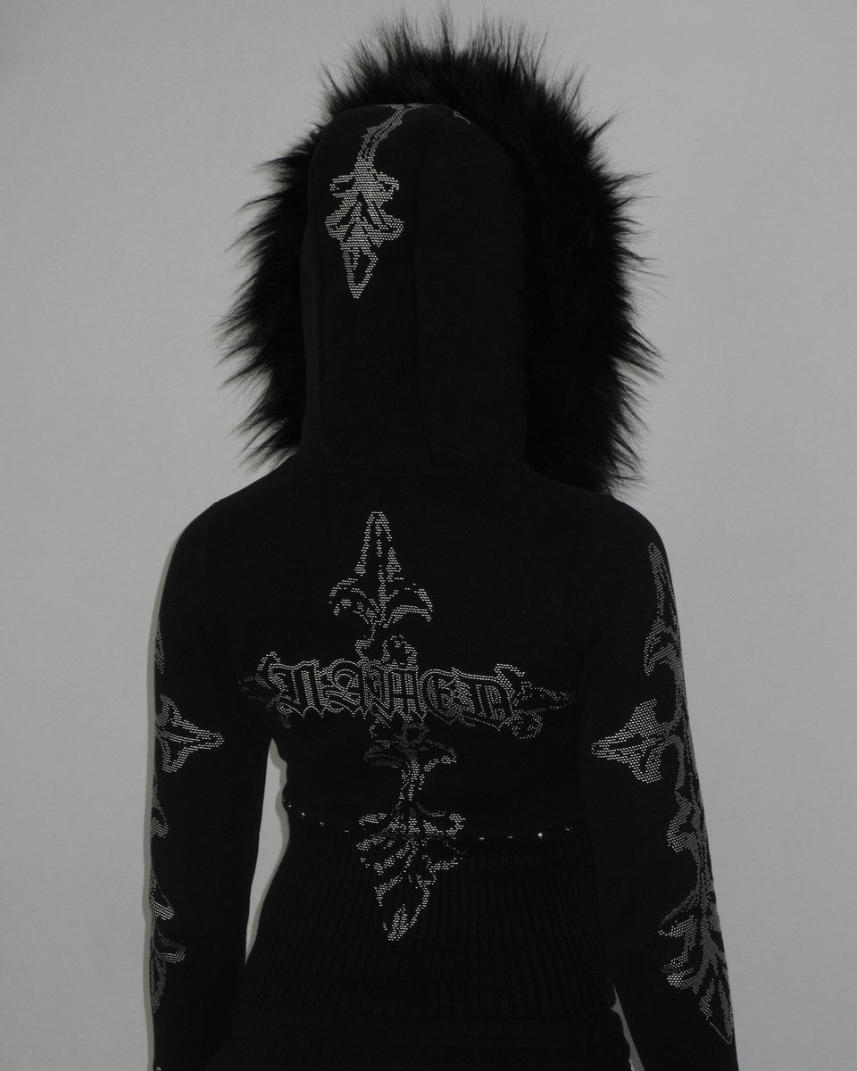 FERAL FAUX FUR FITTED ZIP HOODIE BLACK