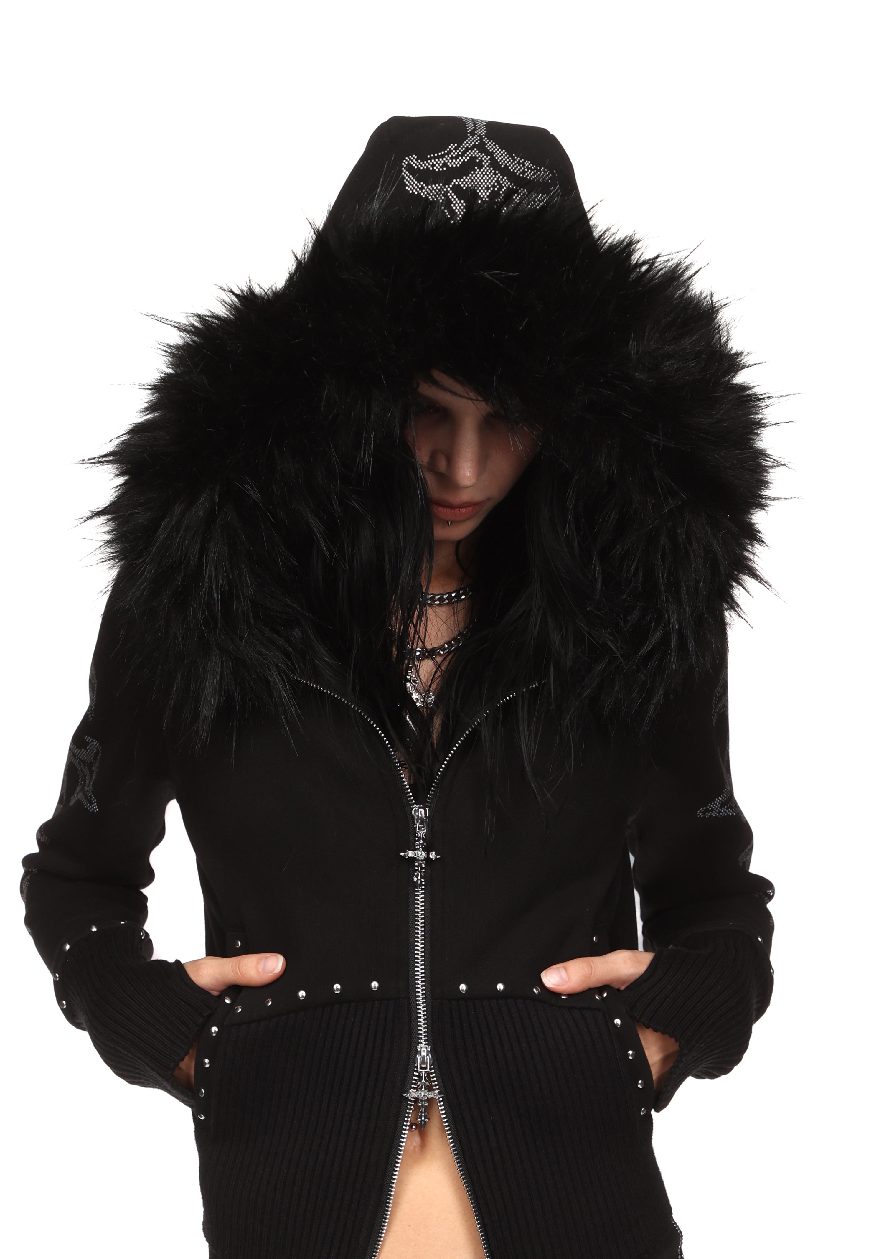 極美品✨Herlipto Faux Fur Hoodie Duffle Coat Feral Faux Fur Fitted Zip Hoodie Black (Detachable Fur) – NAMED