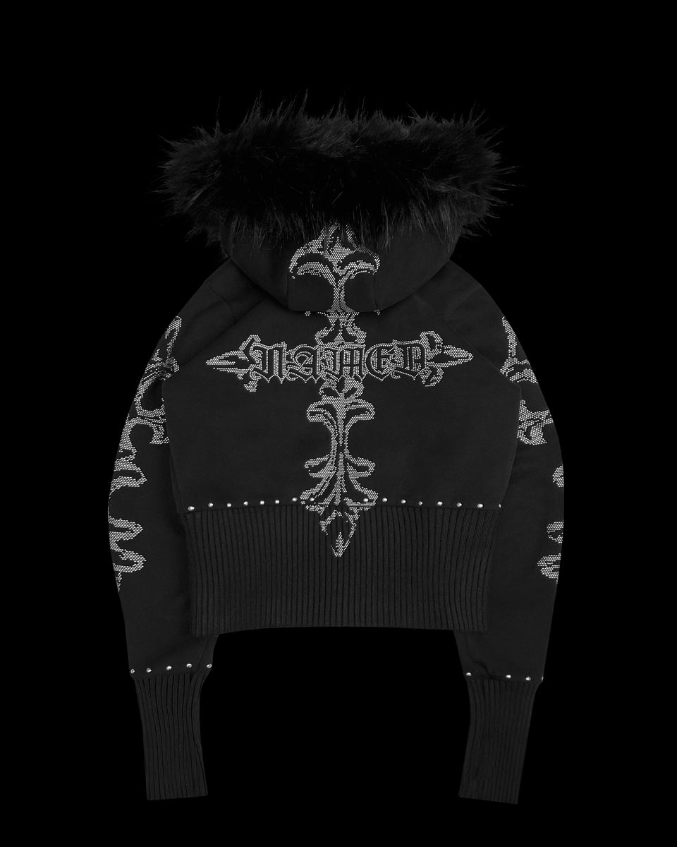 FERAL FAUX FUR FITTED ZIP HOODIE BLACK