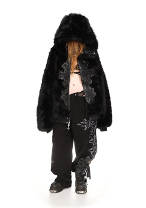 FERAL FAUX FUR REVERSIBLE BOMBER JACKET BLACK