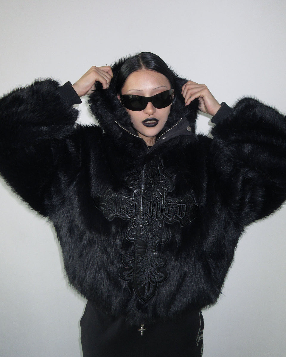 FERAL FAUX FUR REVERSIBLE BOMBER JACKET BLACK