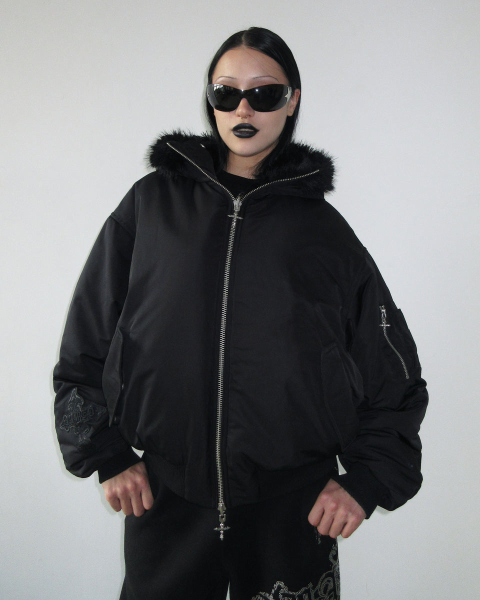 FERAL FAUX FUR REVERSIBLE BOMBER JACKET BLACK