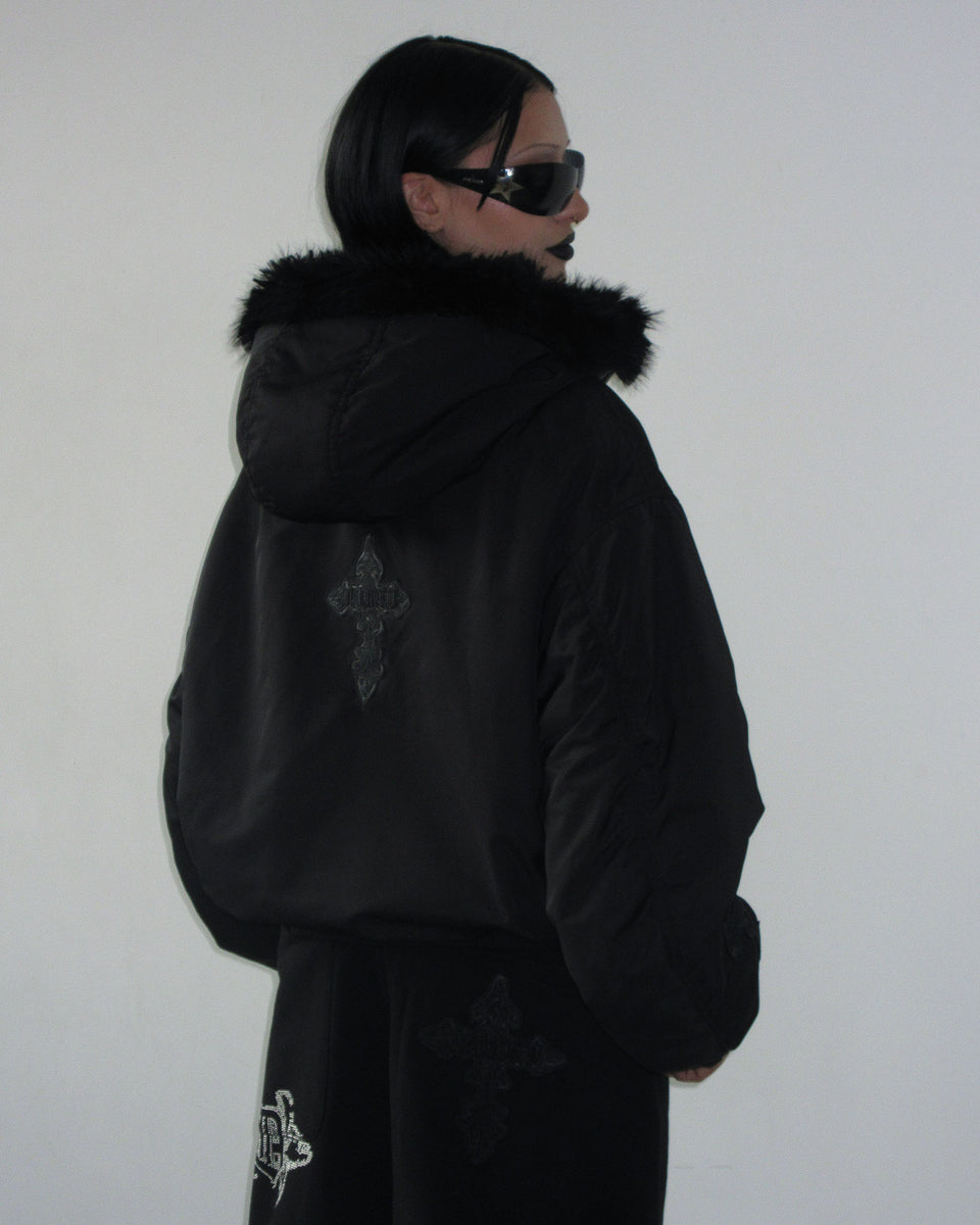 FERAL FAUX FUR REVERSIBLE BOMBER JACKET BLACK