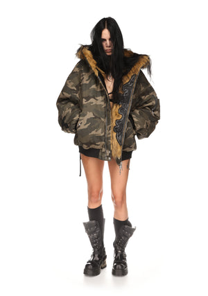 FERAL FAUX FUR REVERSIBLE BOMBER JACKET CAMO AND NATURAL