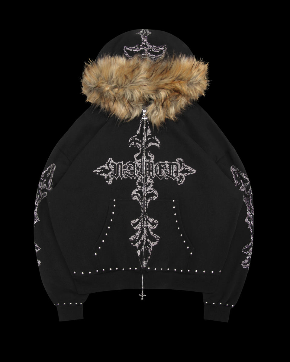 FERAL FAUX FUR STUDDED ZIP HOODIE BLACK