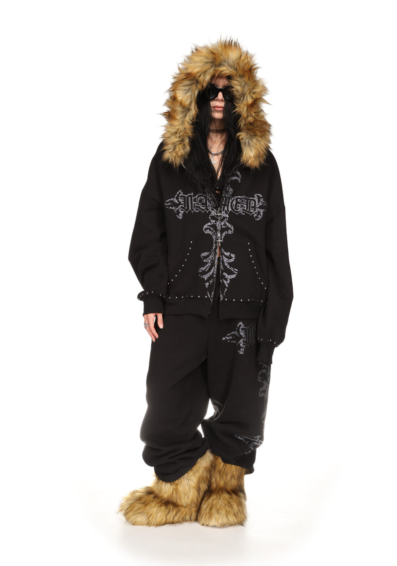 FERAL FAUX FUR STUDDED ZIP HOODIE BLACK (DETACHABLE FUR)