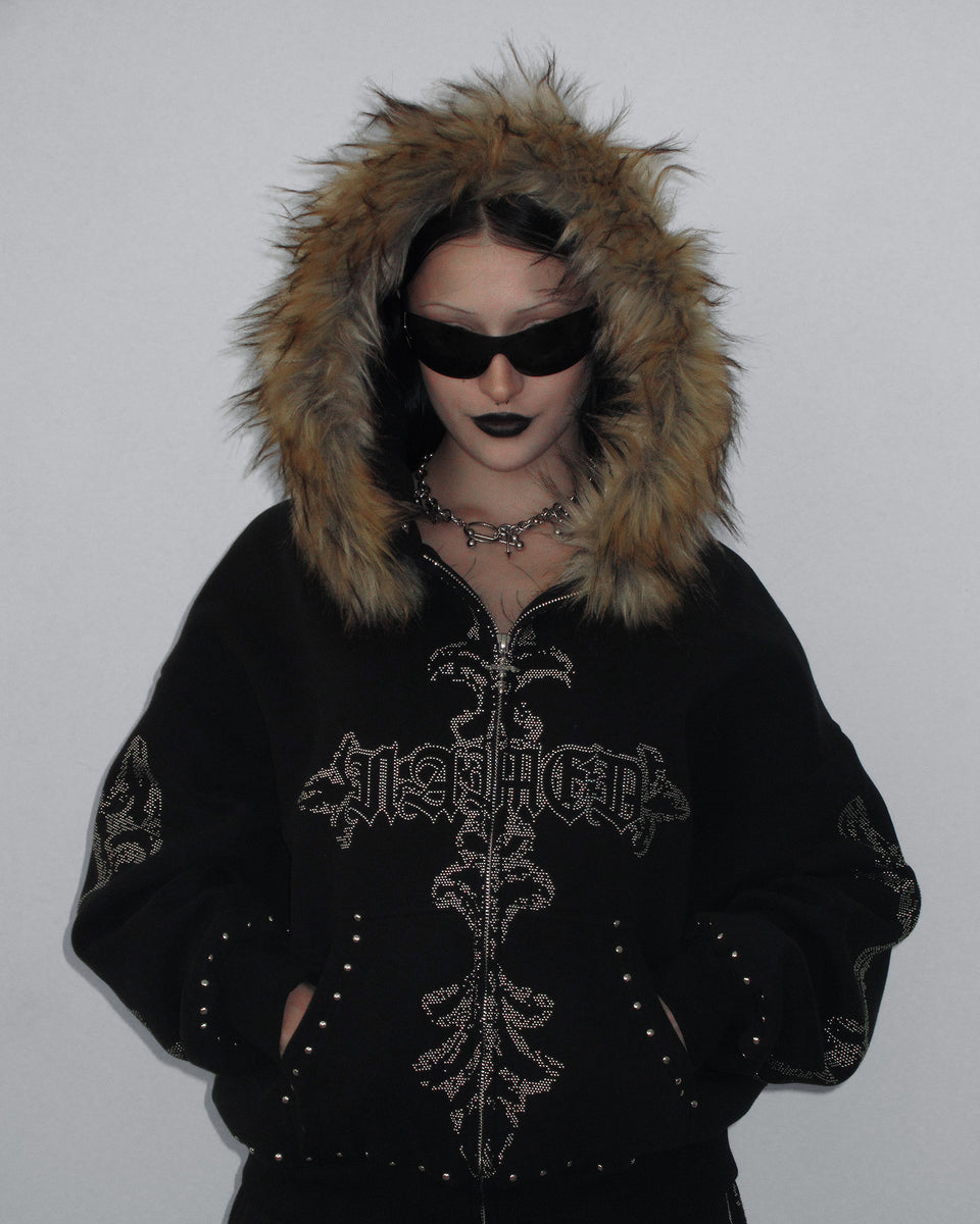 FERAL FAUX FUR STUDDED ZIP HOODIE BLACK