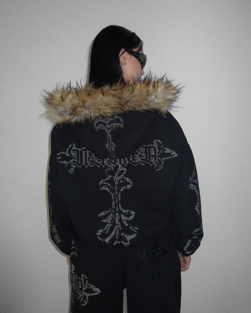 FERAL FAUX FUR STUDDED ZIP HOODIE BLACK