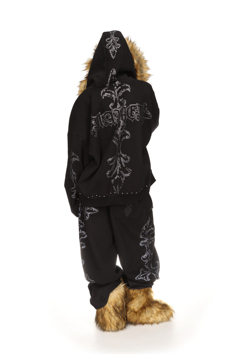 FERAL FAUX FUR STUDDED ZIP HOODIE BLACK (DETACHABLE FUR)
