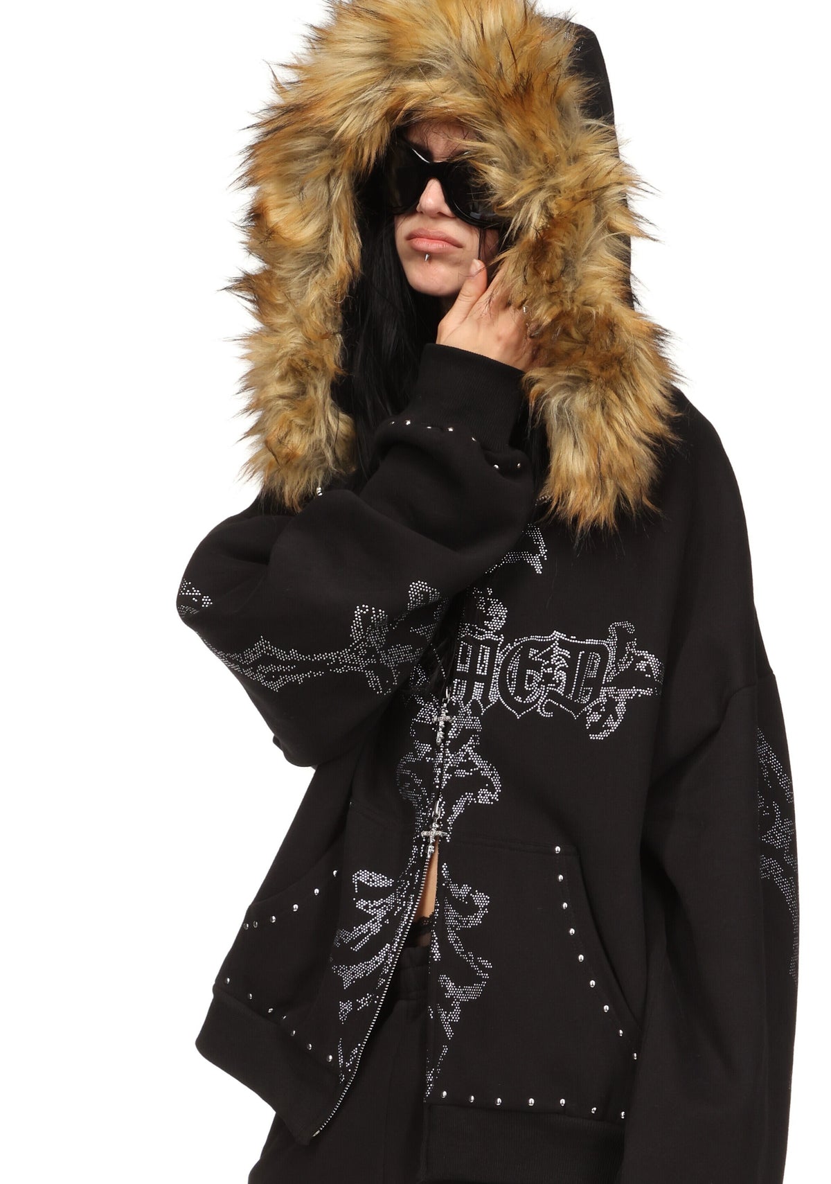 FERAL FAUX FUR STUDDED ZIP HOODIE BLACK (DETACHABLE FUR)