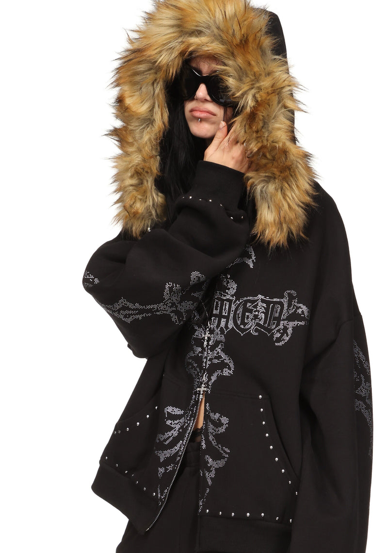 FERAL FAUX FUR STUDDED ZIP HOODIE BLACK (DETACHABLE FUR)