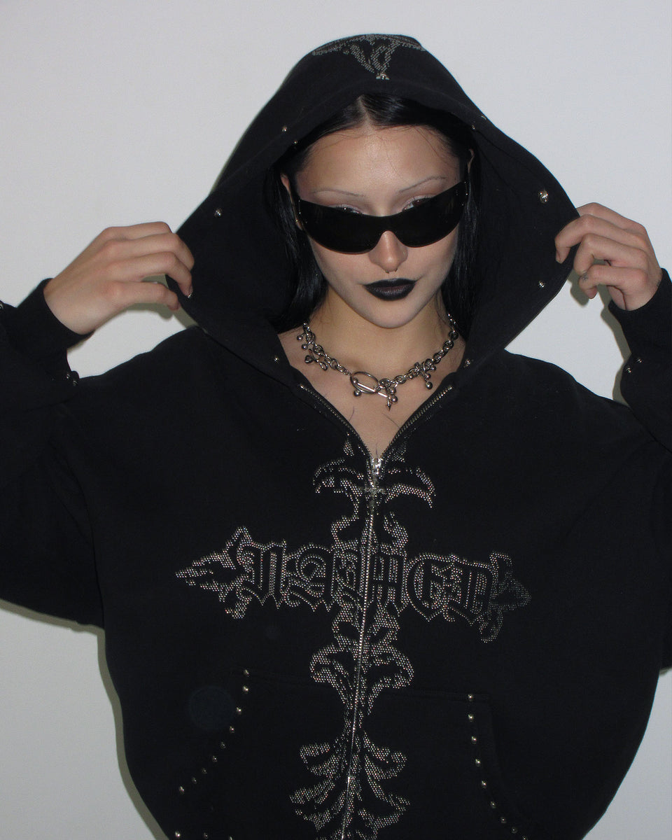 FERAL FAUX FUR STUDDED ZIP HOODIE BLACK