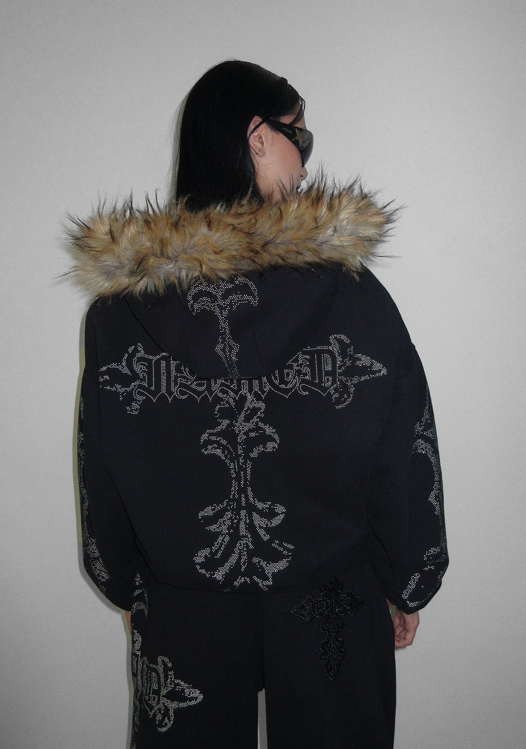 Faux fur hoodie horn button down jacket main image 1