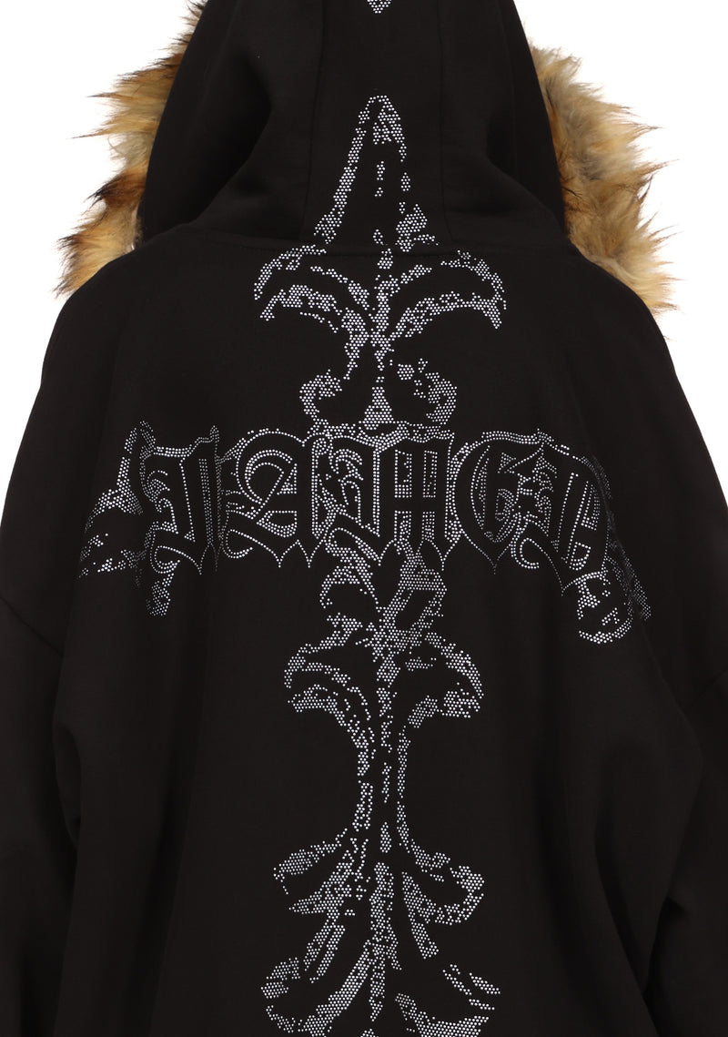 FERAL FAUX FUR STUDDED ZIP HOODIE BLACK (DETACHABLE FUR)