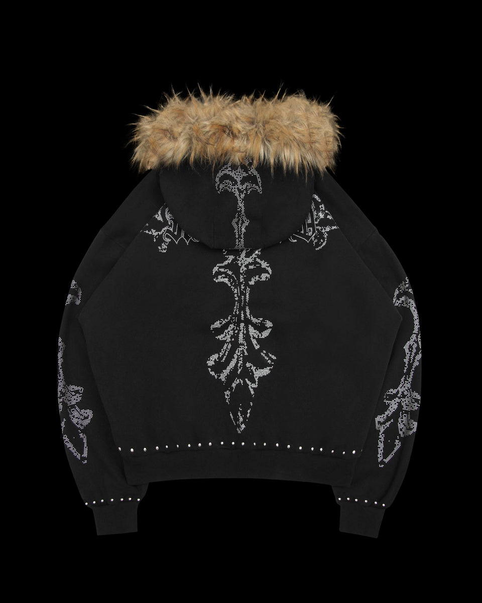 FERAL FAUX FUR STUDDED ZIP HOODIE BLACK (DETACHABLE FUR)