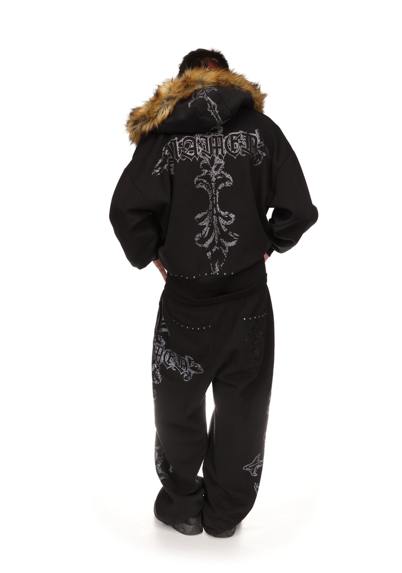 FERAL FAUX FUR STUDDED ZIP HOODIE BLACK (DETACHABLE FUR)