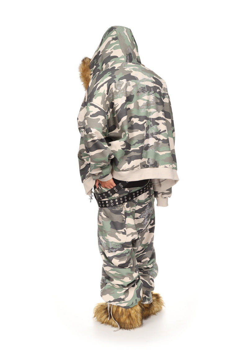 FERAL FAUX FUR STUDDED ZIP HOODIE CAMO (DETACHABLE FUR)