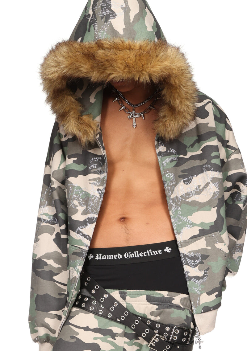 FERAL FAUX FUR STUDDED ZIP HOODIE CAMO (DETACHABLE FUR)