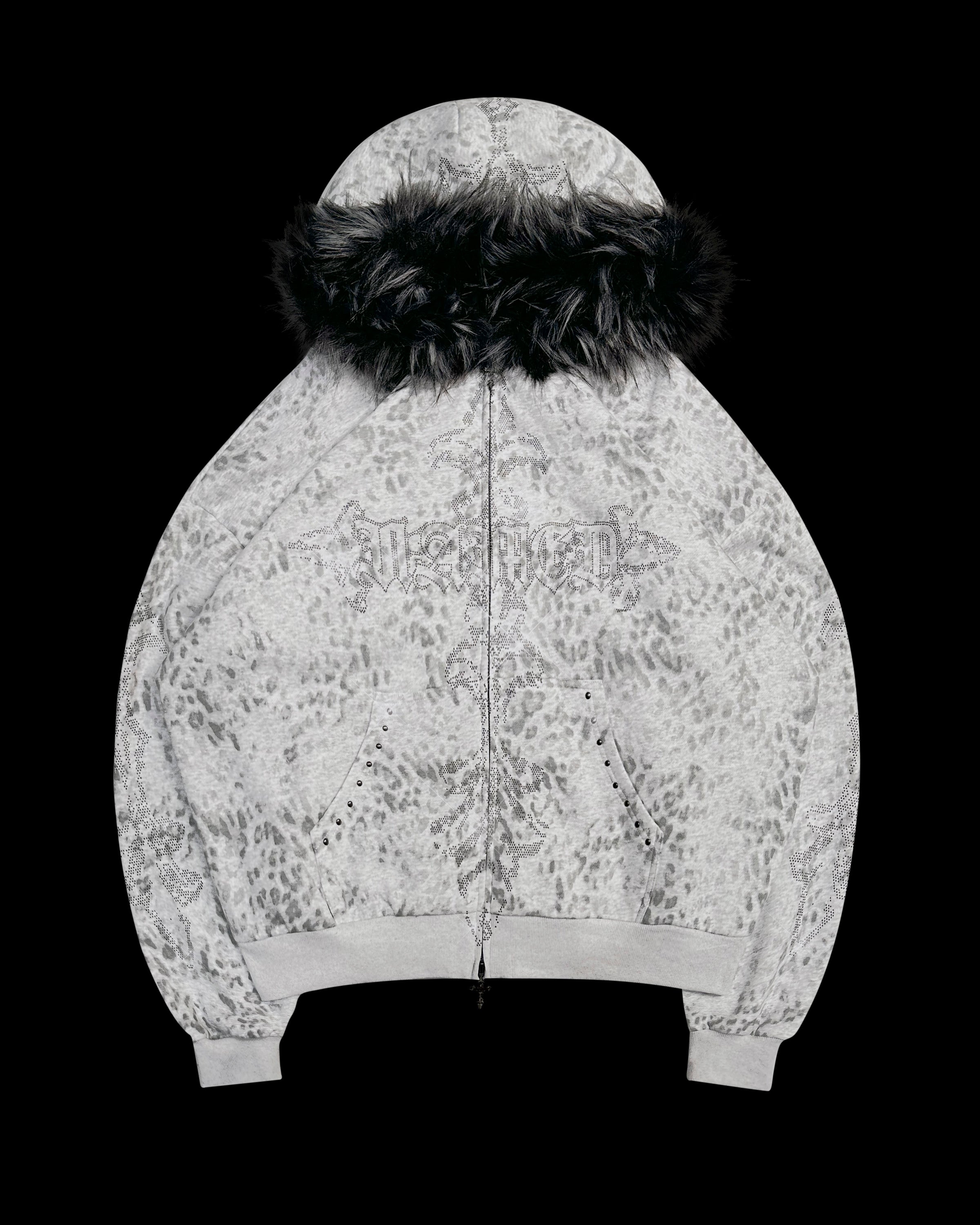 Detachable Collar Faux Fur Zip Up Jacket With Hood Feral Studded