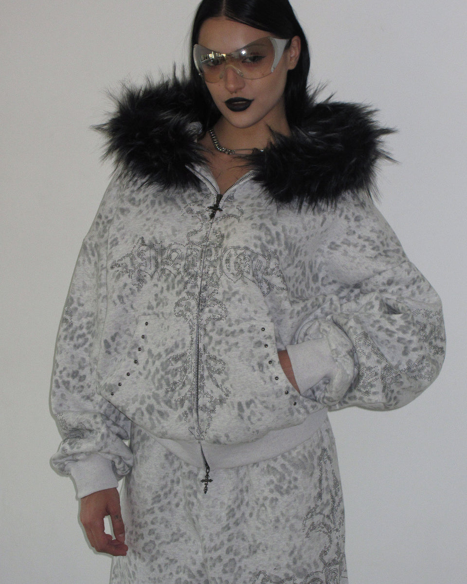 FERAL FAUX FUR STUDDED ZIP HOODIE SNOW LEOPARD (DETACHABLE FUR)