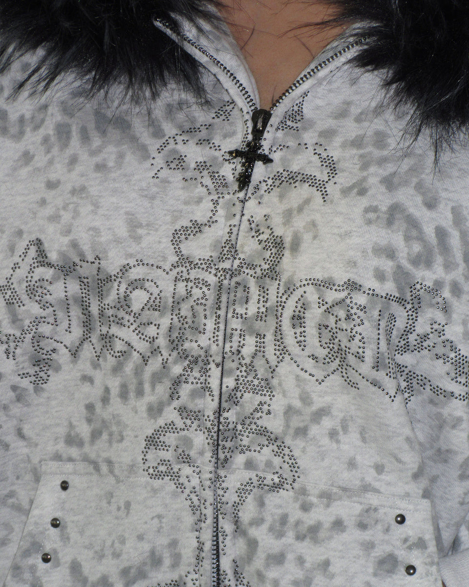 FERAL FAUX FUR STUDDED ZIP HOODIE SNOW LEOPARD