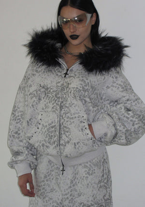 FERAL STUDDED ZIP HOODIE SNOW LEOPARD (DETACHABLE FUR)