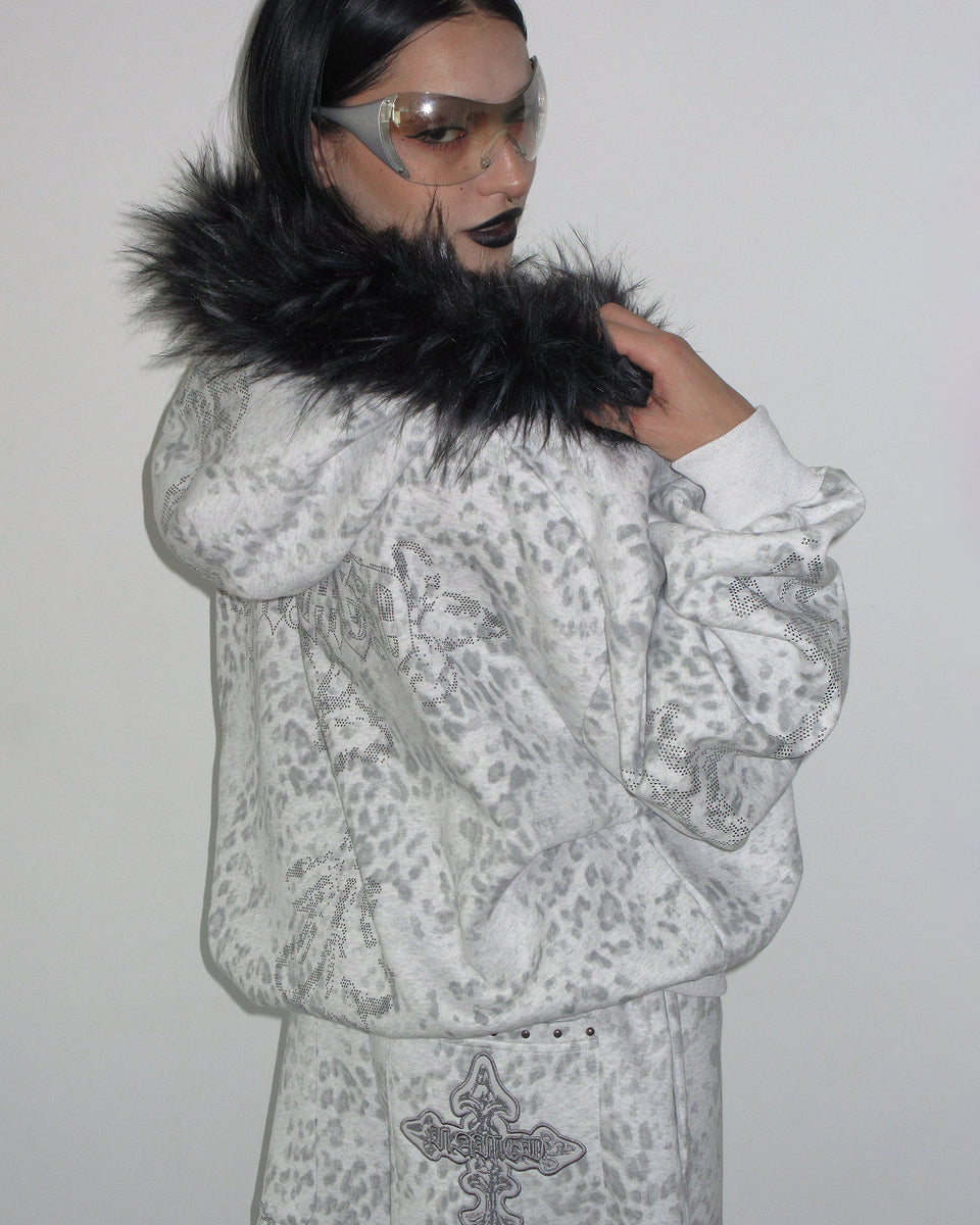 FERAL FAUX FUR STUDDED ZIP HOODIE SNOW LEOPARD