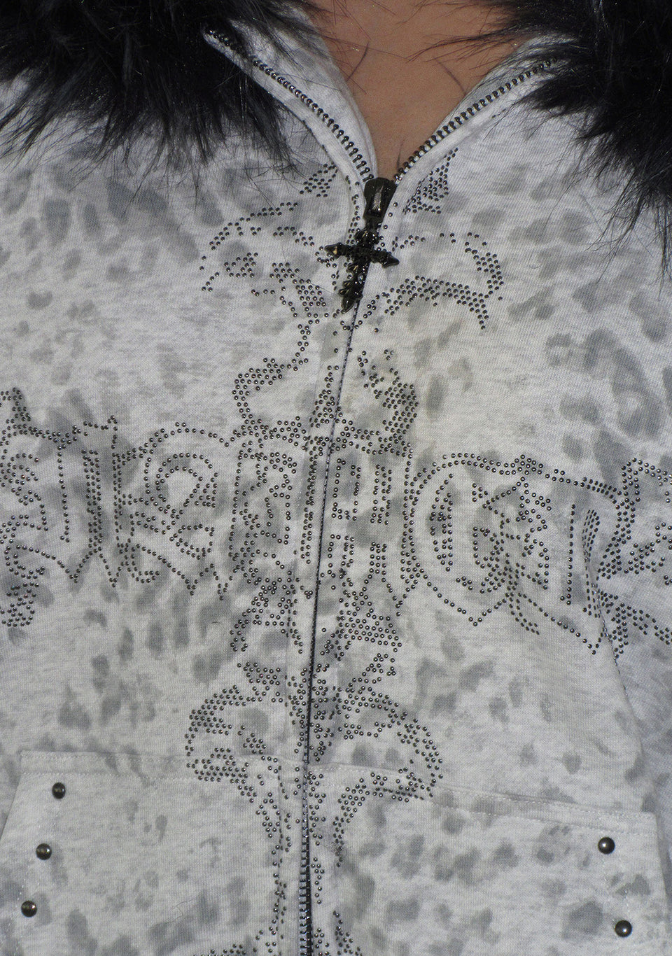 FERAL STUDDED ZIP HOODIE SNOW LEOPARD (DETACHABLE FUR)
