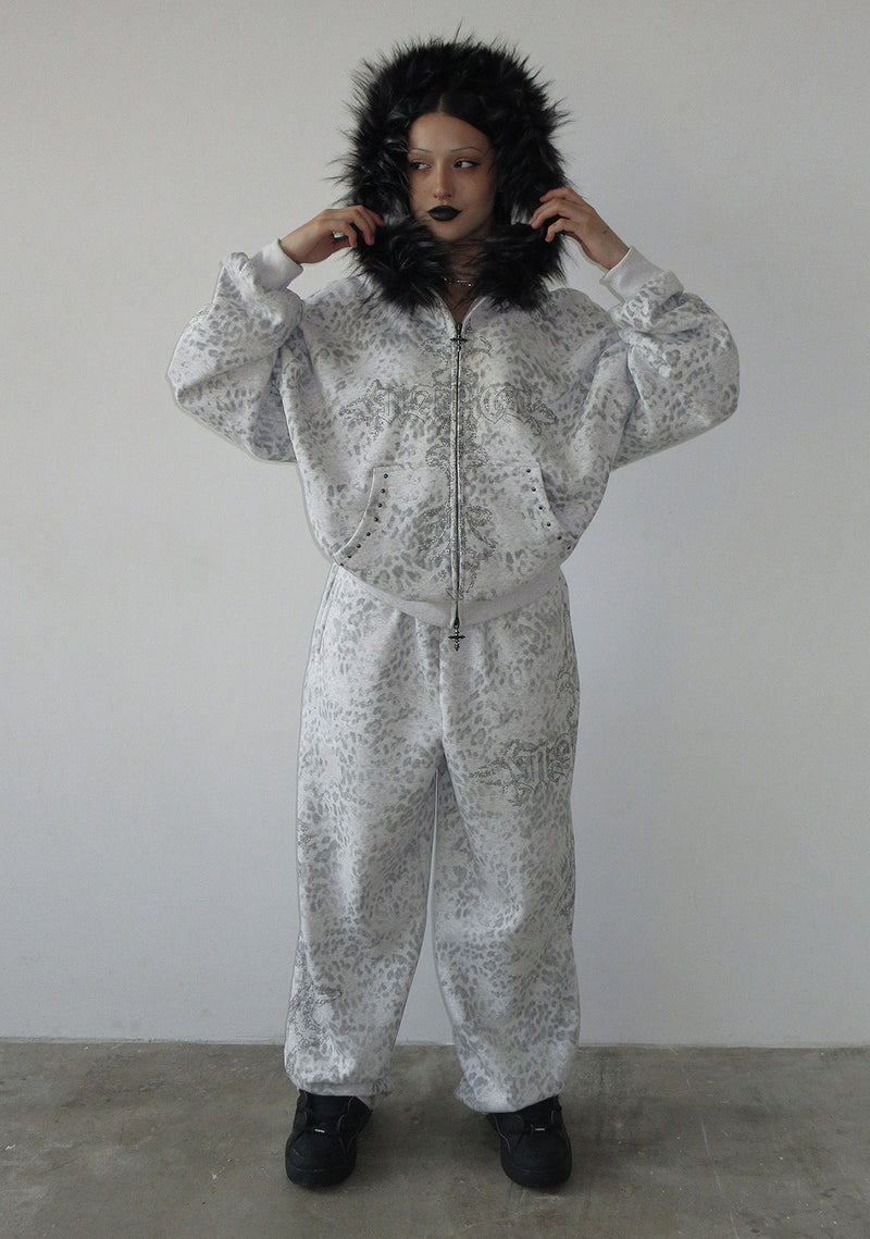 FERAL STUDDED ZIP HOODIE SNOW LEOPARD (DETACHABLE FUR)