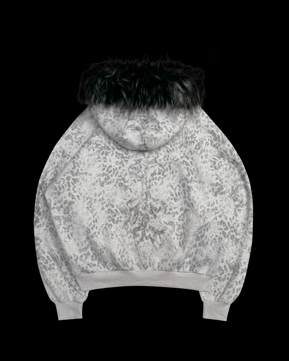 FERAL FAUX FUR STUDDED ZIP HOODIE SNOW LEOPARD