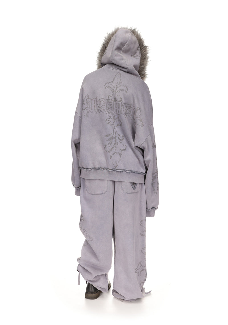 FERAL FAUX FUR STUDDED ZIP HOODIE WASHED GREY (DETACHABLE FUR)