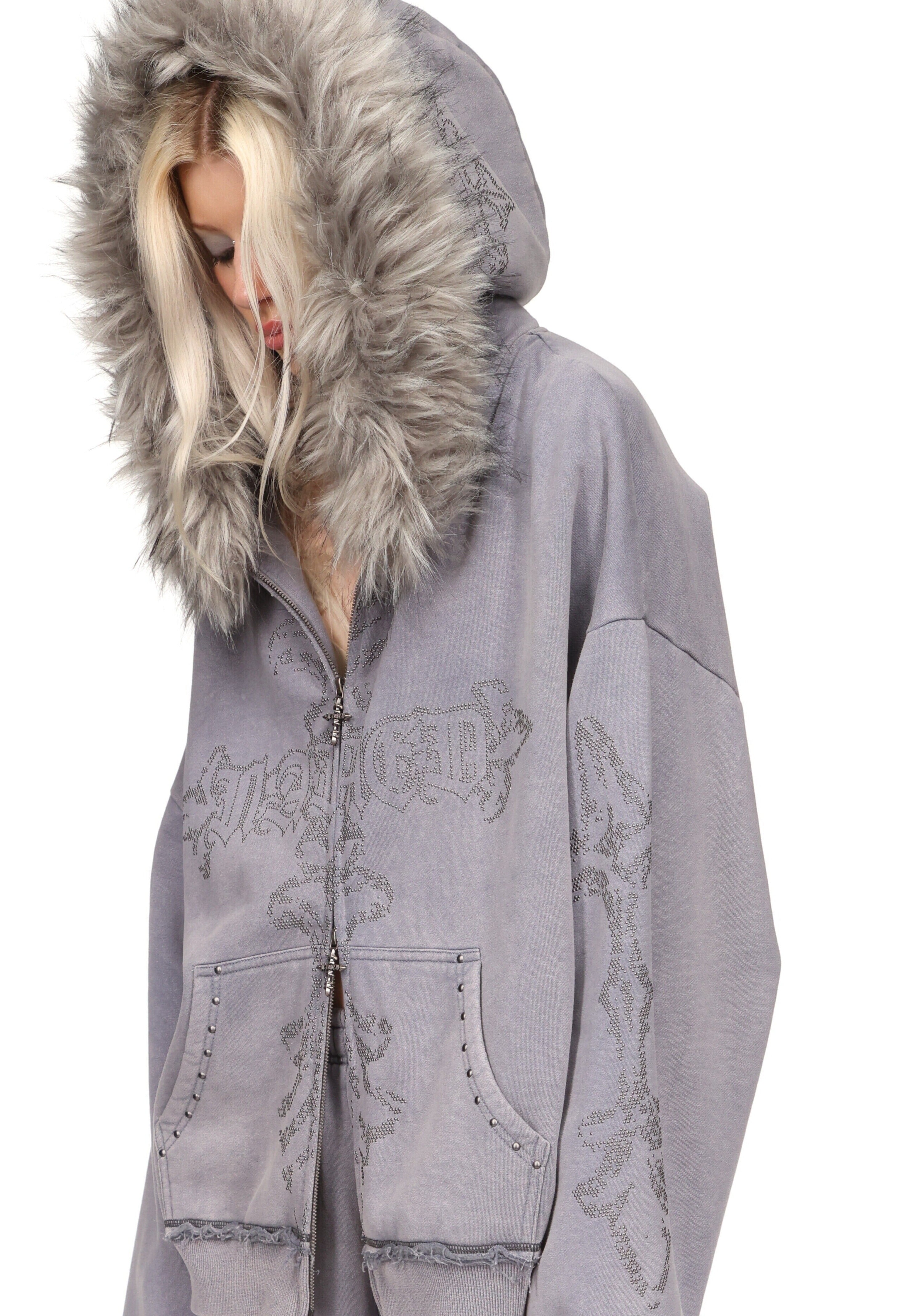 ジャケット・アウター type shade fur studs hoodie Feral Faux Fur Studded Zip Hoodie Washed Grey Detachable Fur