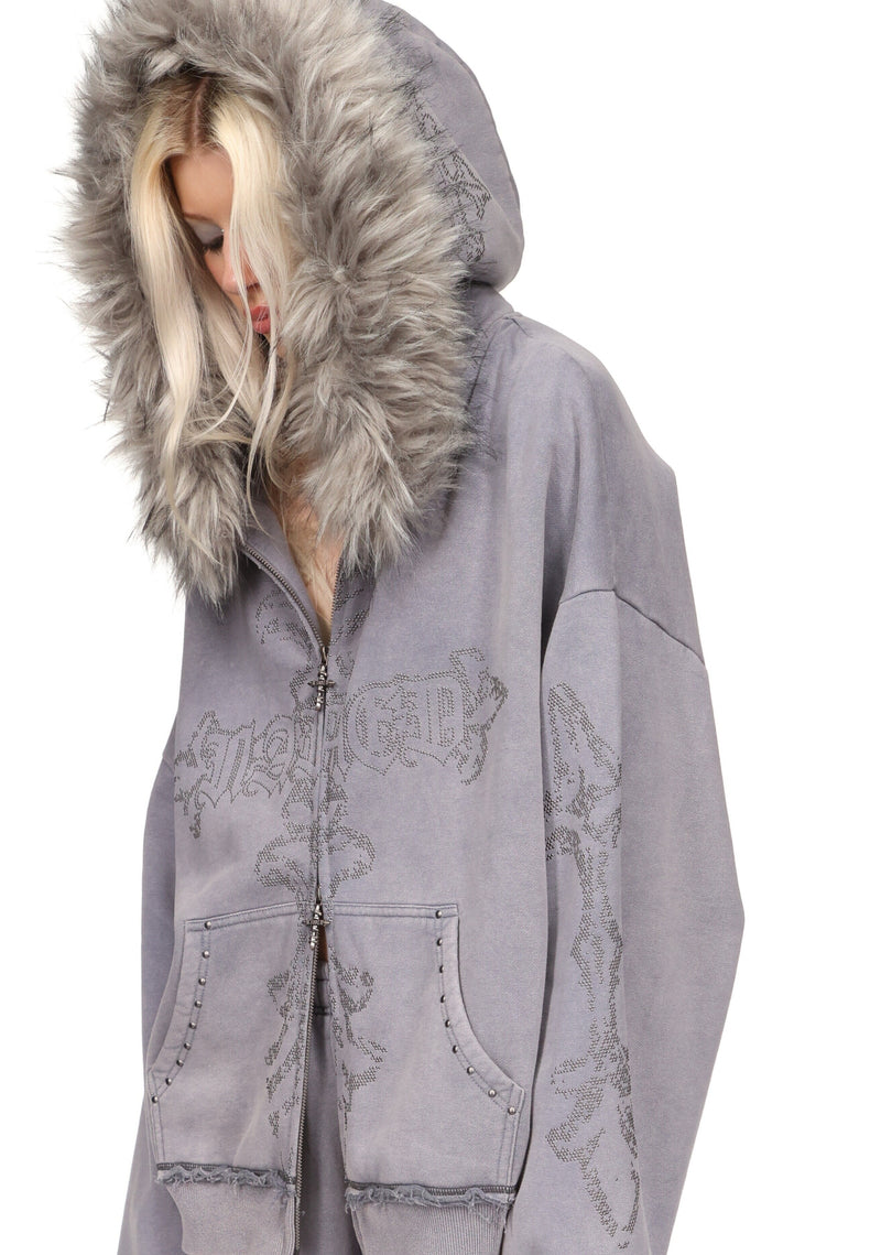 FERAL FAUX FUR STUDDED ZIP HOODIE WASHED GREY (DETACHABLE FUR)