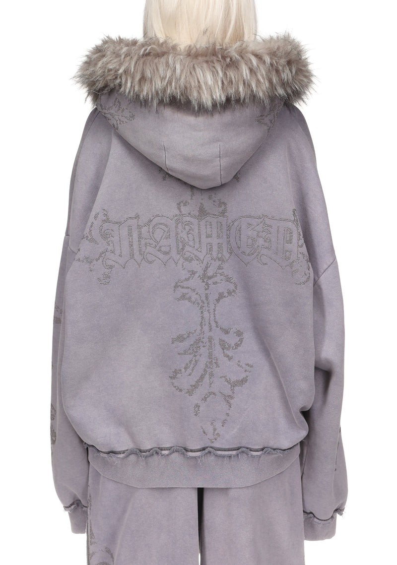 FERAL FAUX FUR STUDDED ZIP HOODIE WASHED GREY (DETACHABLE FUR)