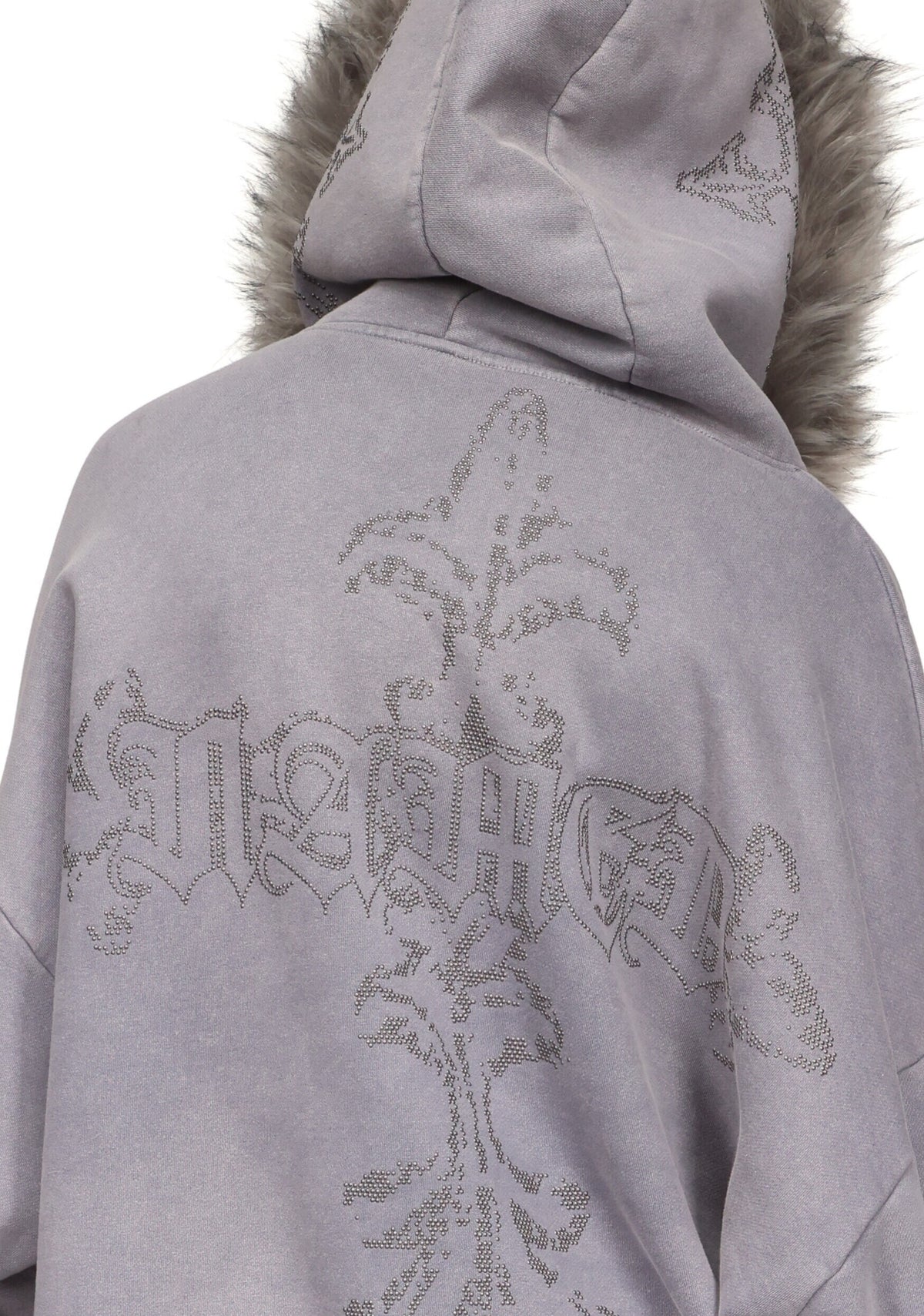FERAL FAUX FUR STUDDED ZIP HOODIE WASHED GREY (DETACHABLE FUR)