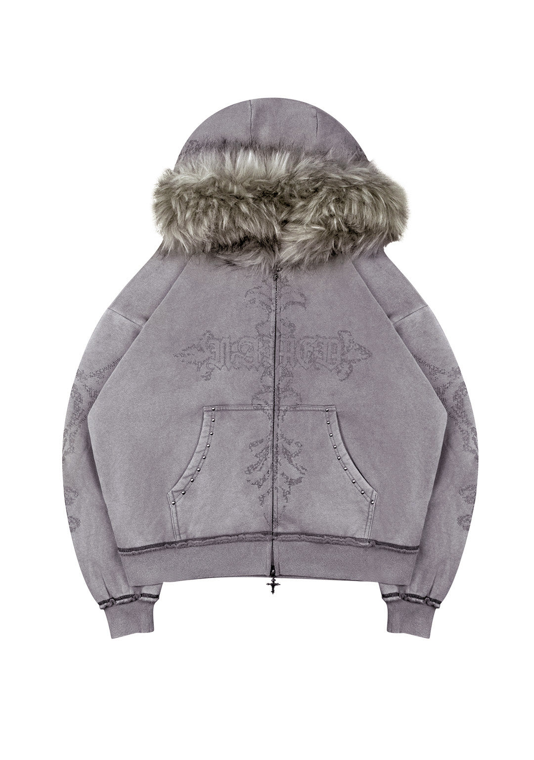 Feral Faux Fur Studded Zip Hoodie Washed Grey Detachable Fur