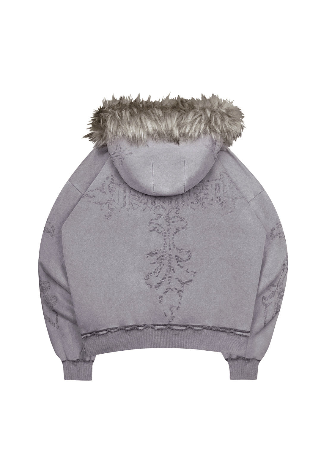 Feral Faux Fur Studded Zip Hoodie Washed Grey Detachable Fur