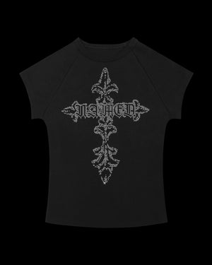 NAMED COLLECTIVE® FERAL STUDDED BABY TEE BLACK with large cross and stylized text on the front.