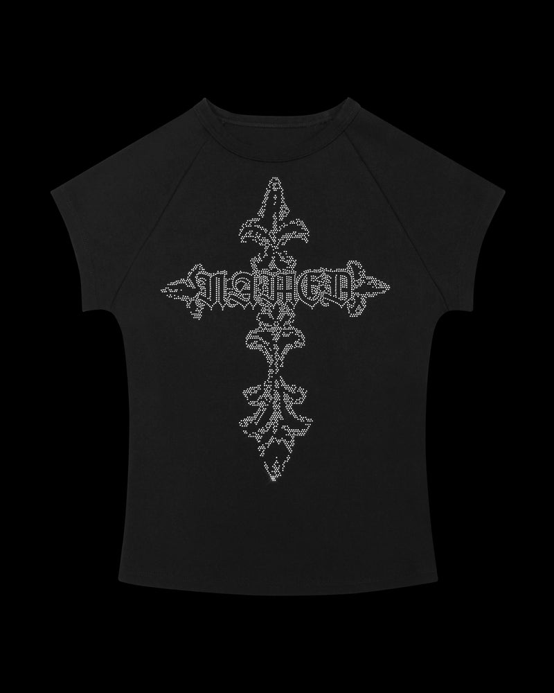 NAMED COLLECTIVE® FERAL STUDDED BABY TEE BLACK with large cross and stylized text on the front.