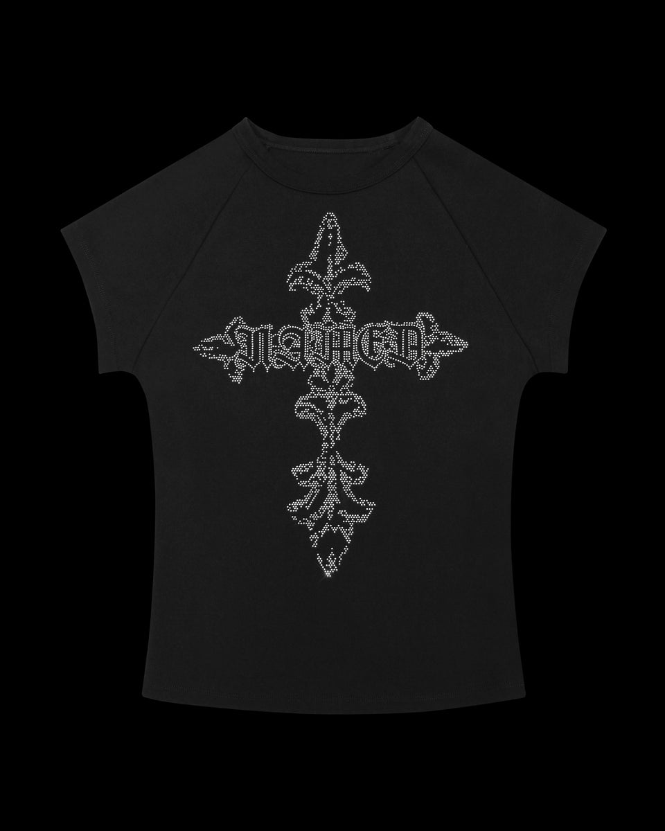 NAMED COLLECTIVE® FERAL STUDDED BABY TEE BLACK with large cross and stylized text on the front.