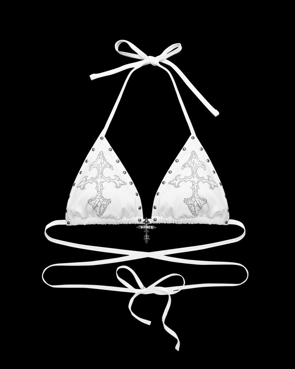 FERAL STUDDED BIKINI TOP WHITE by NAMED COLLECTIVE® with cross studs, neck & back ties, on black background.