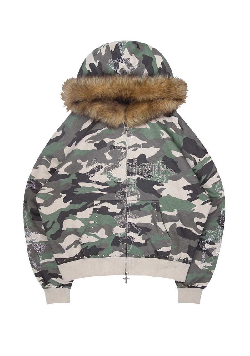 FERAL FAUX FUR STUDDED ZIP HOODIE CAMO (DETACHABLE FUR)