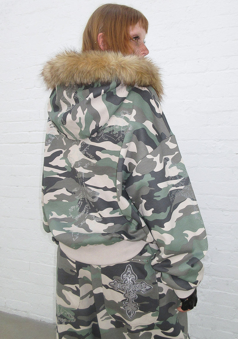 FERAL FAUX FUR STUDDED ZIP HOODIE CAMO (DETACHABLE FUR)