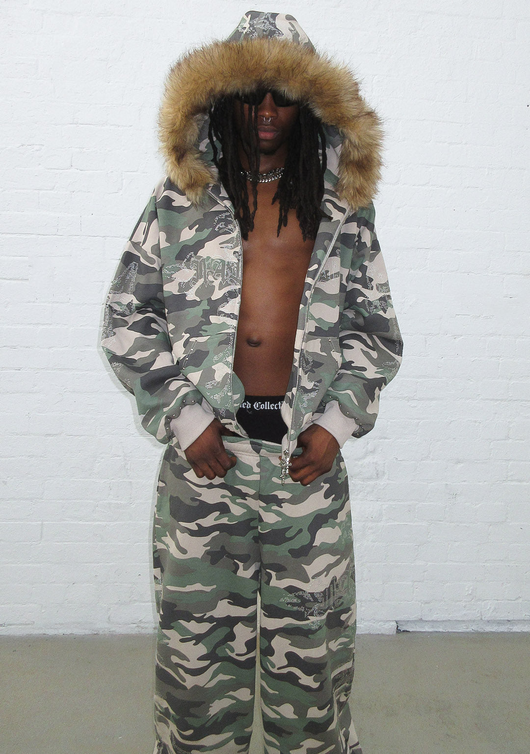 FERAL FAUX FUR STUDDED ZIP HOODIE CAMO (DETACHABLE FUR)