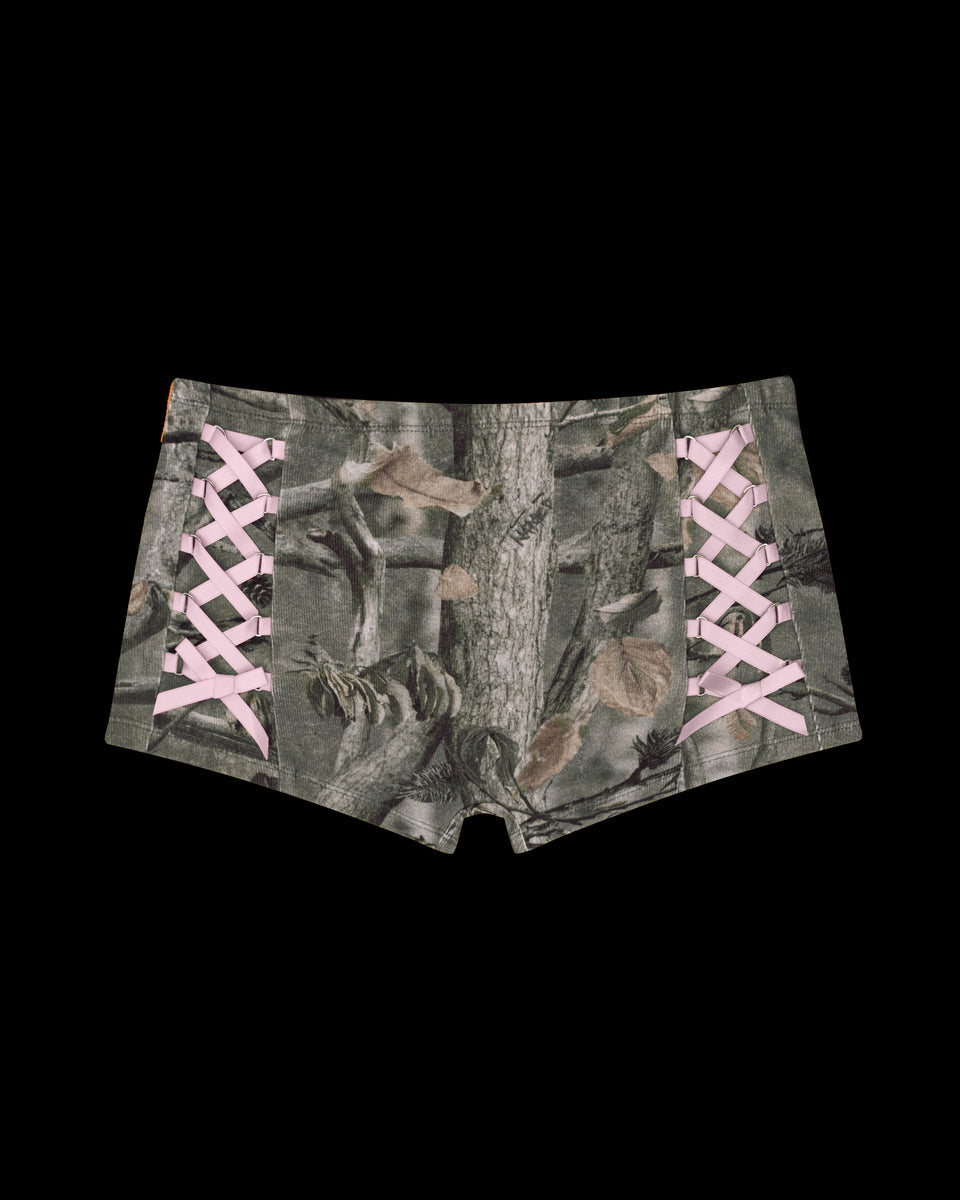 FORBIDDEN HOTPANT SHORTS by NAMED COLLECTIVE in Tree Camo with Baby Pink Satin Ribbon Lace, stylish and unique.