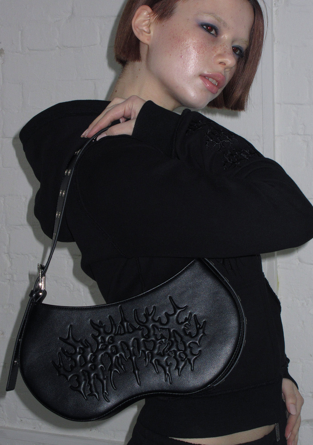GHOST EMBOSSED SHOULDER BAG BLACK