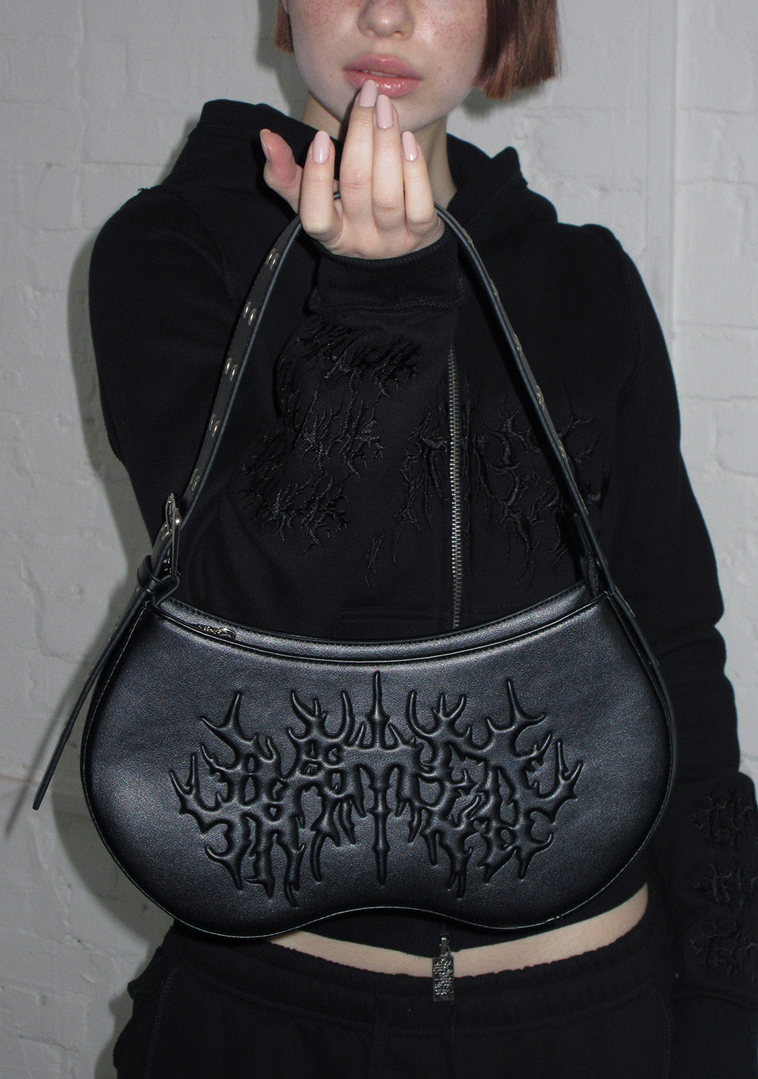 GHOST EMBOSSED SHOULDER BAG BLACK
