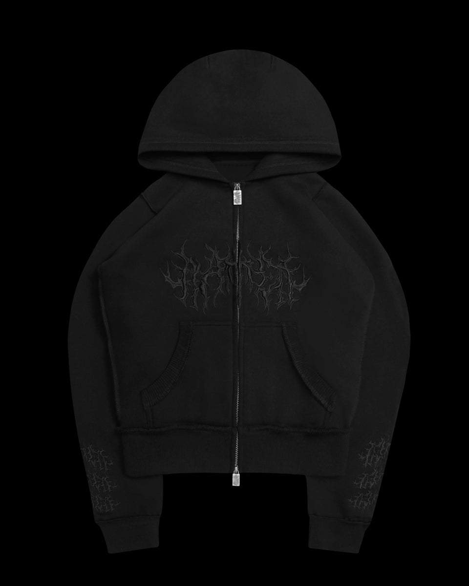 GHOST EMBROIDERED FITTED ZIP HOODIE BLACK