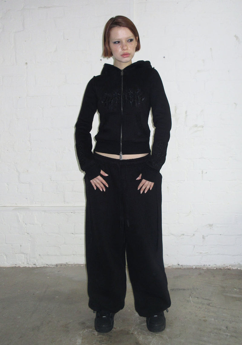 GHOST EMBROIDERED FITTED ZIP HOODIE BLACK