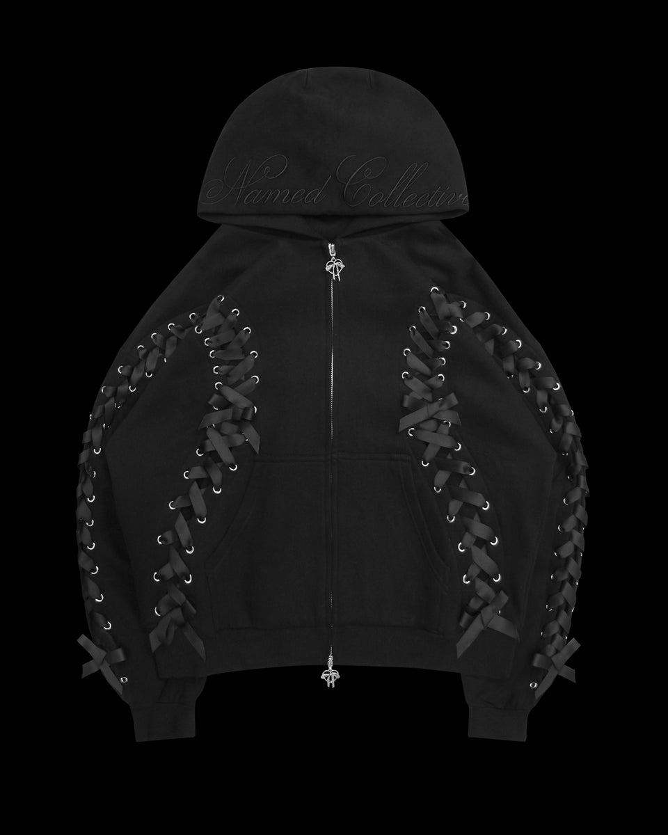 GHOST LACE CORSET ZIP HOODIE BLACK